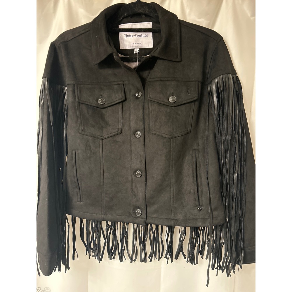 Juicy Couture Fringed Trucker Jacket Black Faux Suede Leather size Med - Picture 2 of 9